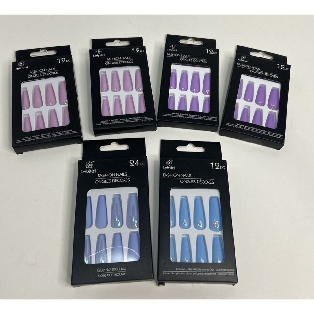 6 Sets of Ladybird Fashion Fake Nails With Gemstones, 2 Pink, 2 Purple, 2 Blue